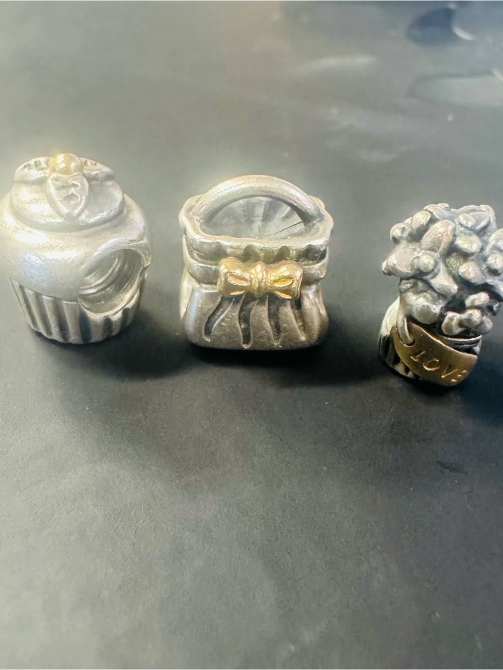 Pandora Silver Charms with Gold Accents - Cupcake, Handbag & Bouquet